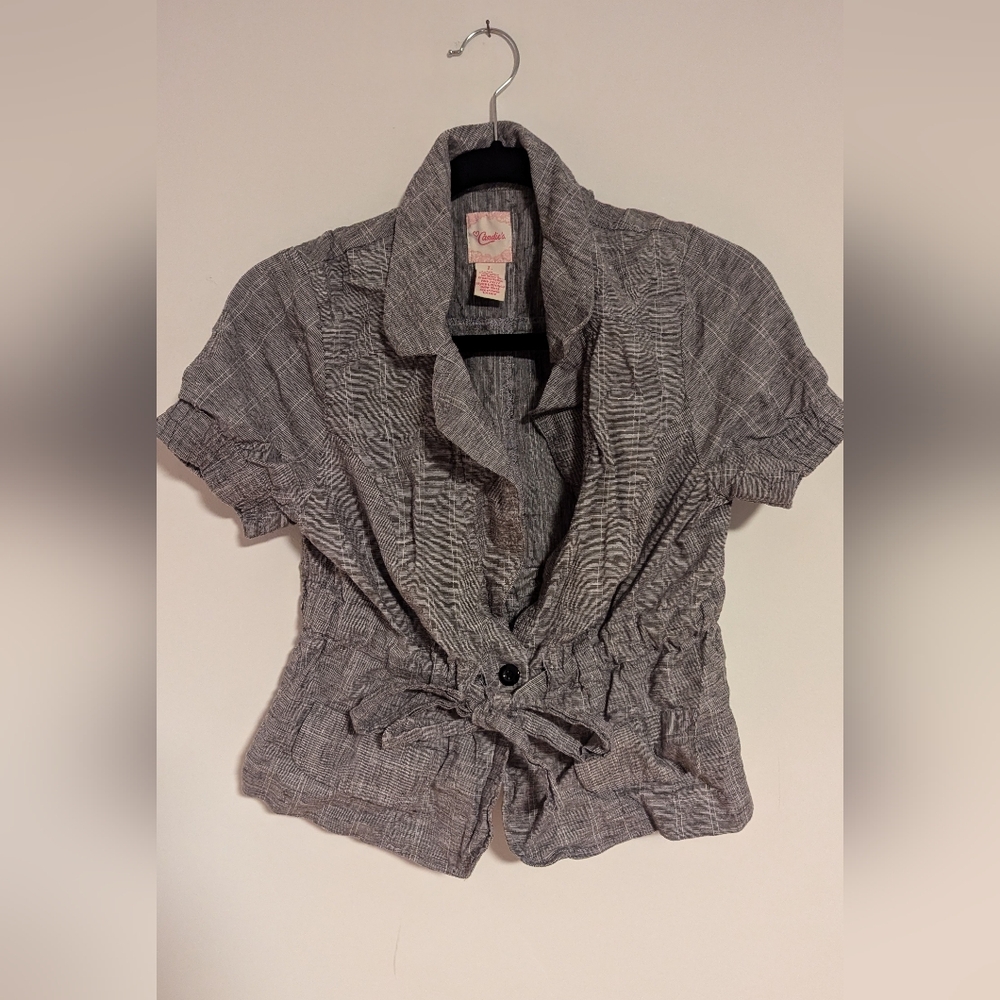 Candie's Women's Grey Plaid Short Sleeve Blouse Size Large